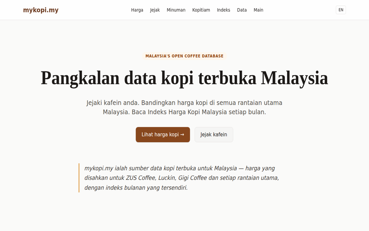 Mykopi.my homepage showing the open coffee price database for Malaysian coffee chains
