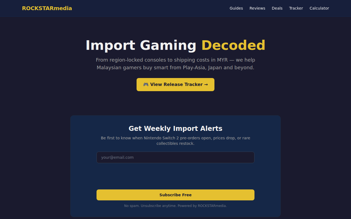 Rockstarmedia.com.my Import Gaming Hub homepage with Today's Top Deals and live MYR pricing
